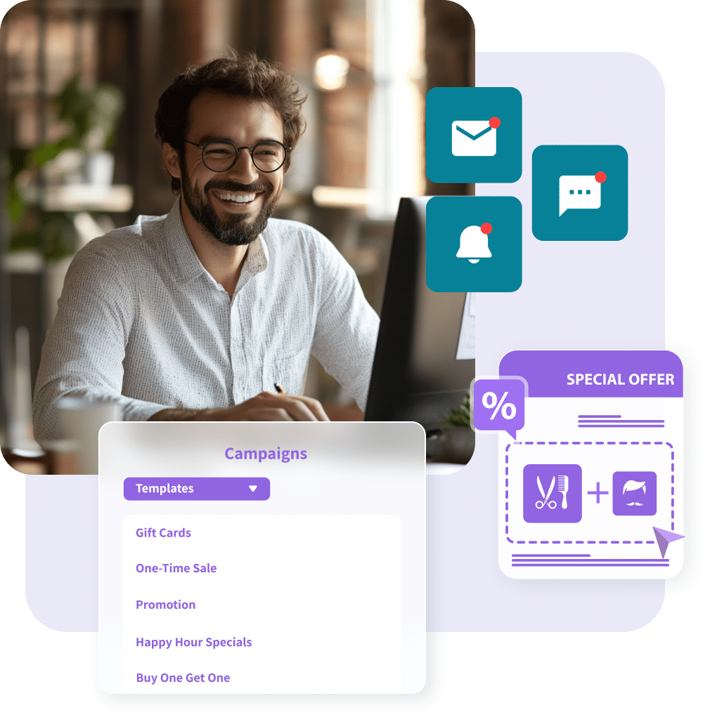 man working on computer with overlays of myTime software